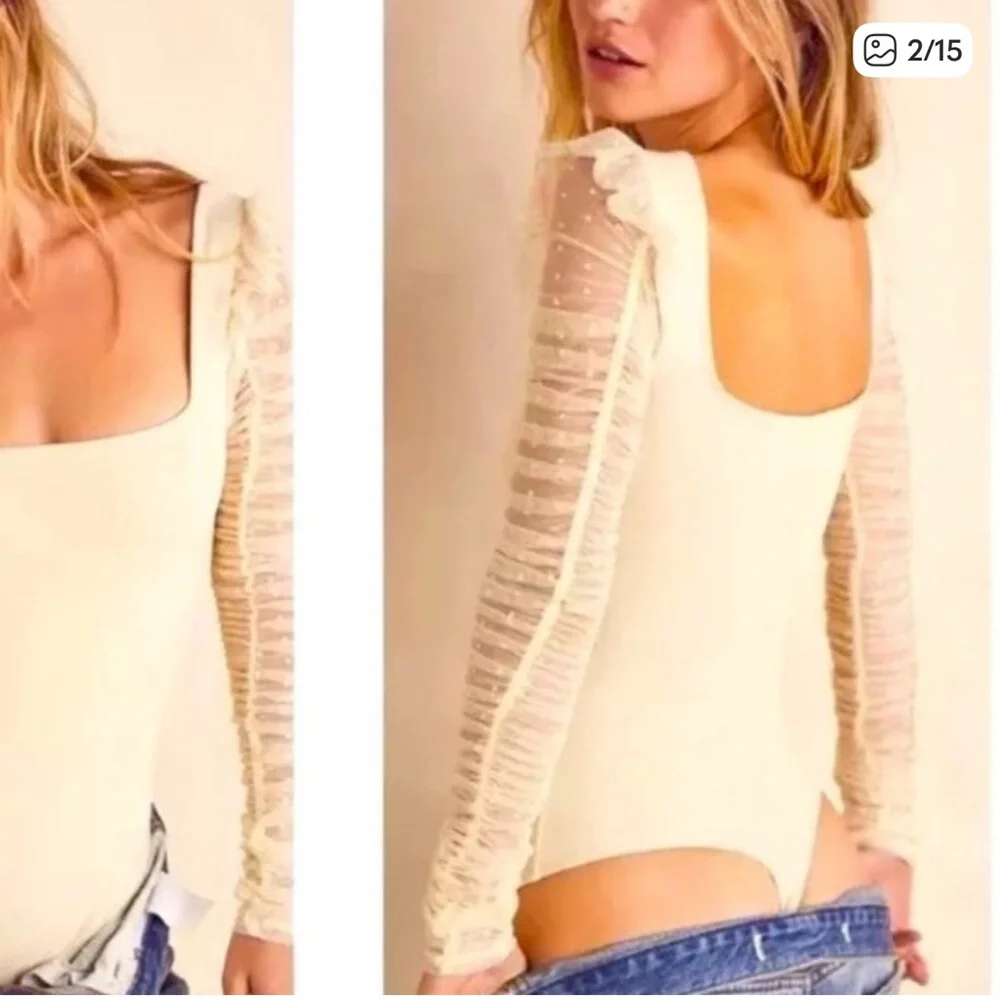 Free People Must Be Love Bodysuit Mesh Ruched Sleeve Square Neck in Ivory L